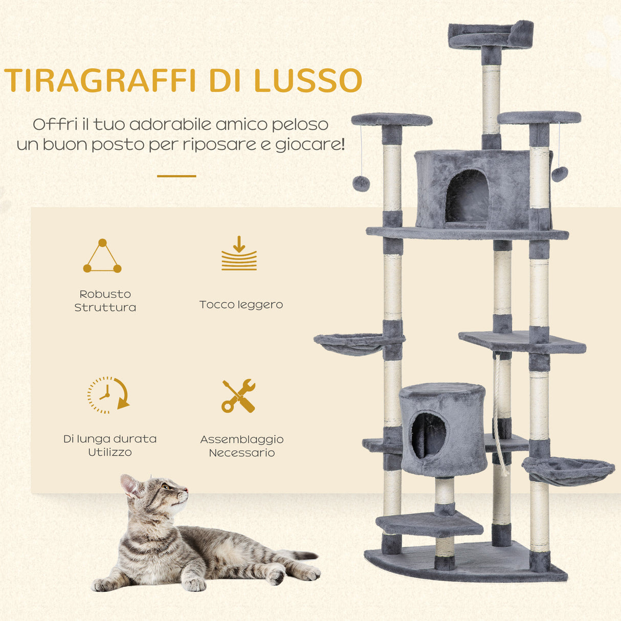 easycomfort easycomfort albero tiragraffi per gatti alto con casette e amache 60x60x200cm grigio chiaro