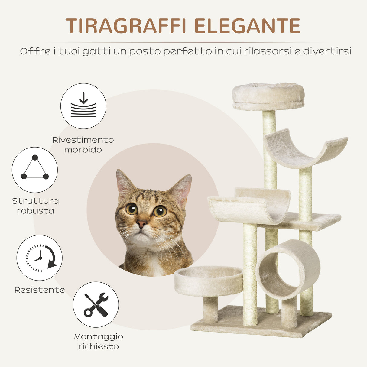 easycomfort easycomfort albero per gatti con cucce e tunnel multi livello beige 50x40x105 cm
