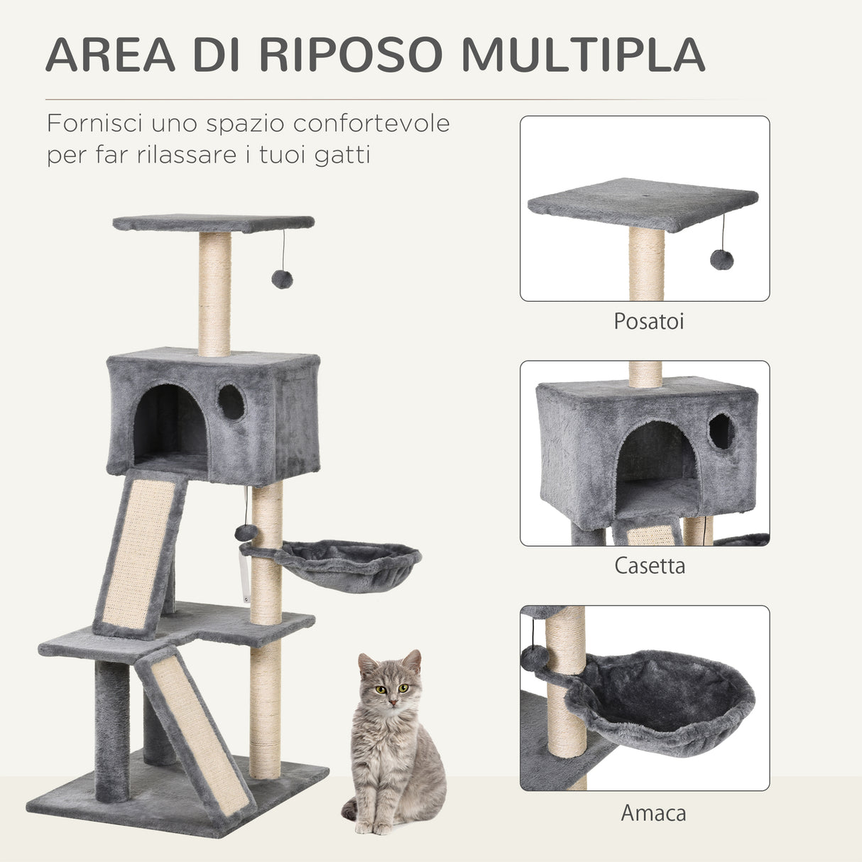 easycomfort easycomfort albero tiragraffi accessoriato con cuccia lettino sospeso e 2 pedane in peluche grigio
