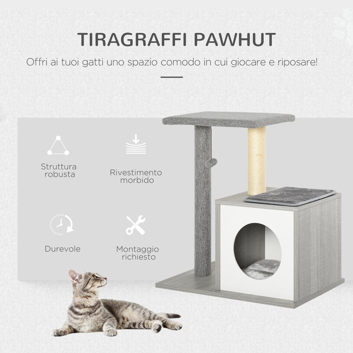 easycomfort easycomfort albero tiragraffi per gatti con cuccia e colonna in corda sisal grigio 59x39x62cm