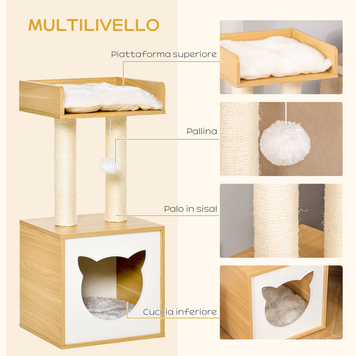 easycomfort easycomfort casetta per gatti con pali tiragraffi in sisal cuscini lavabili e pallina 35x35x81cm quercia