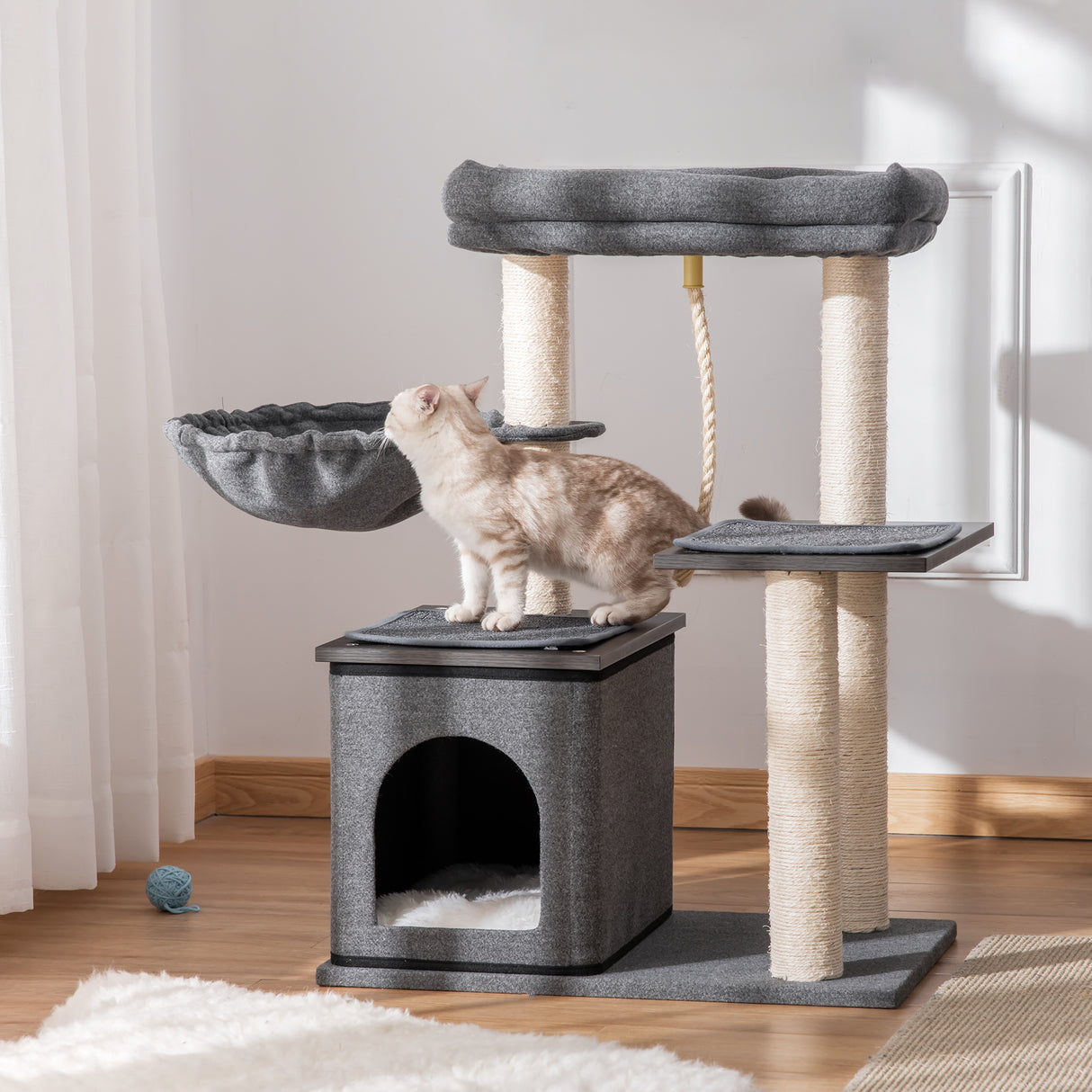 easycomfort easycomfort albero tiragraffi per gatti con lettino amaca casetta e pali in sisal 60x40x83cm grigio