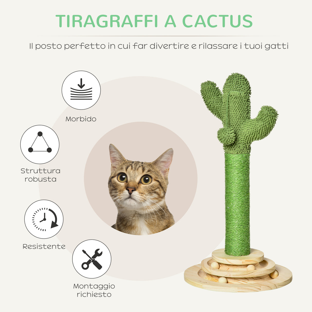 easycomfort easycomfort albero tiragraffi a cactus per gatti corda sisal e base con palline in legno 32x32x60cm