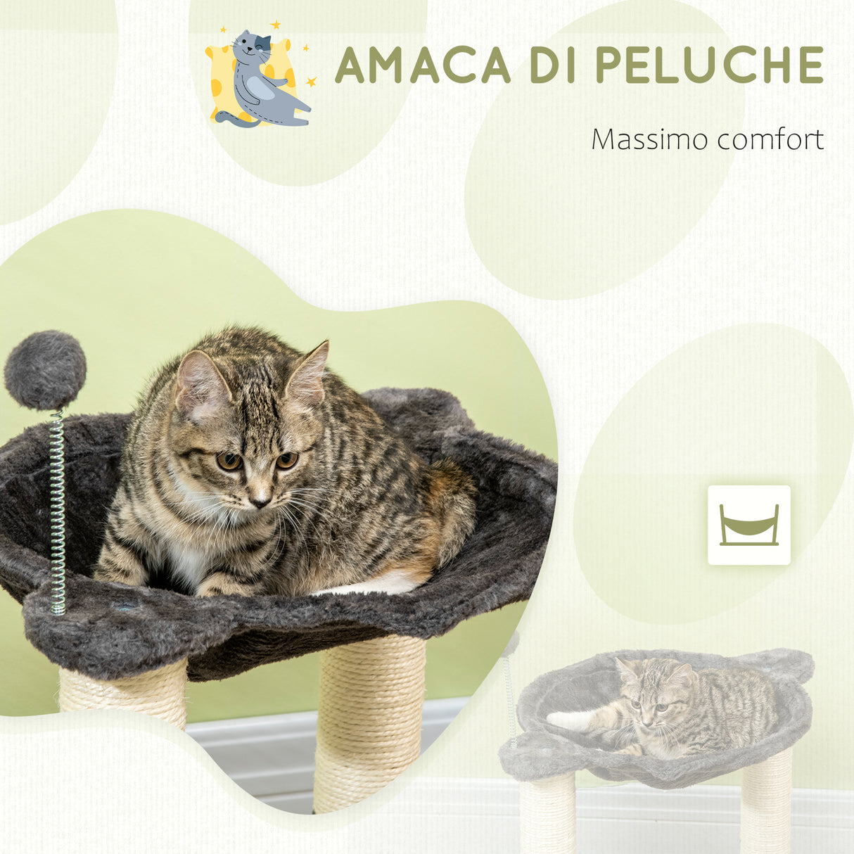 easycomfort tiragraffi per gatti con amaca in peluche base in legno con gioco e pali in sisal 53.55x53.5x66cm grigio