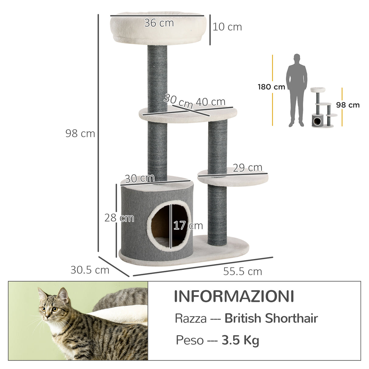 easycomfort easycomfort albero per gatti con lettino casetta e tiragraffi 55 5x30 5x98 cm bianco