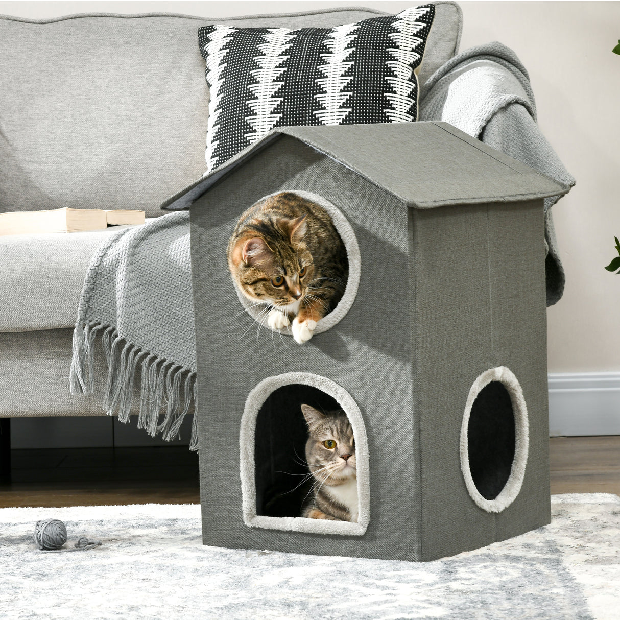 easycomfort easycomfort casetta per gatti a due livelli con cuscini lavabili 3 entrate 42x46x59 5 cm grigio