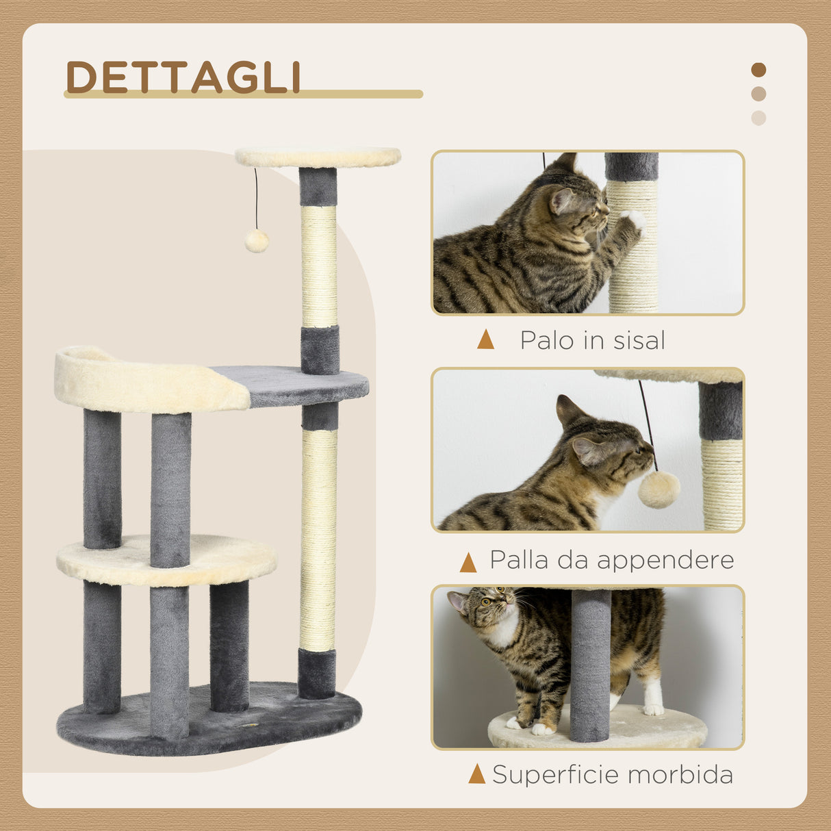 easycomfort albero tiragraffi per gatti a 3 livelli con pali in sisal e altezza 105cm grigio