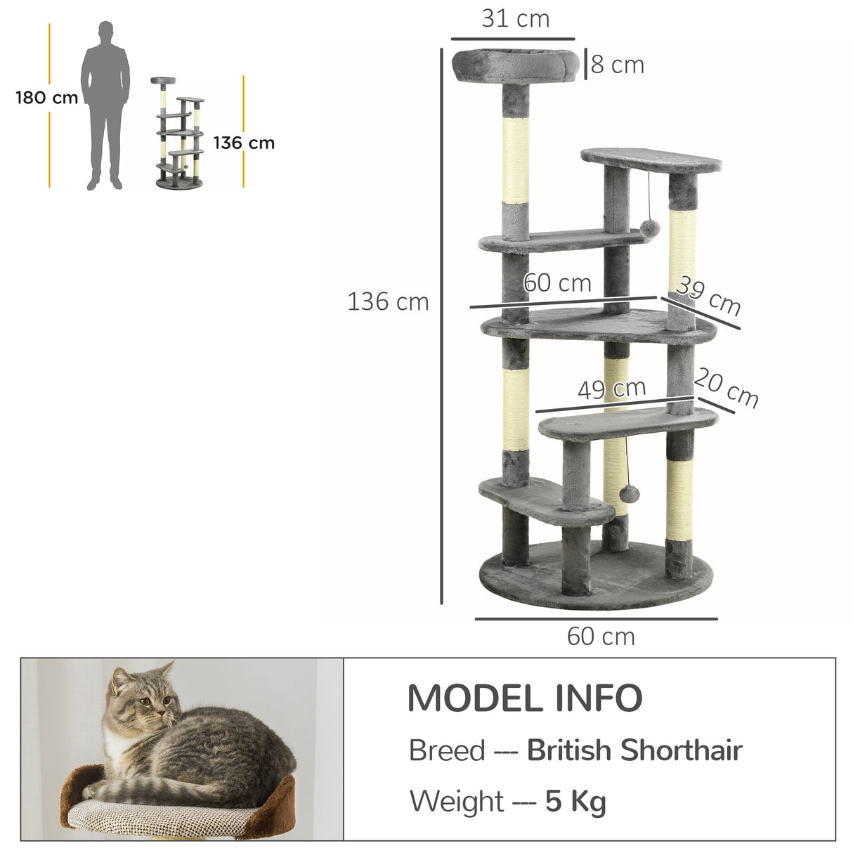 easycomfort easycomfort albero tiragraffi per gatti con pali in sisal lettino con cuscino e pallina 60x136cm grigio