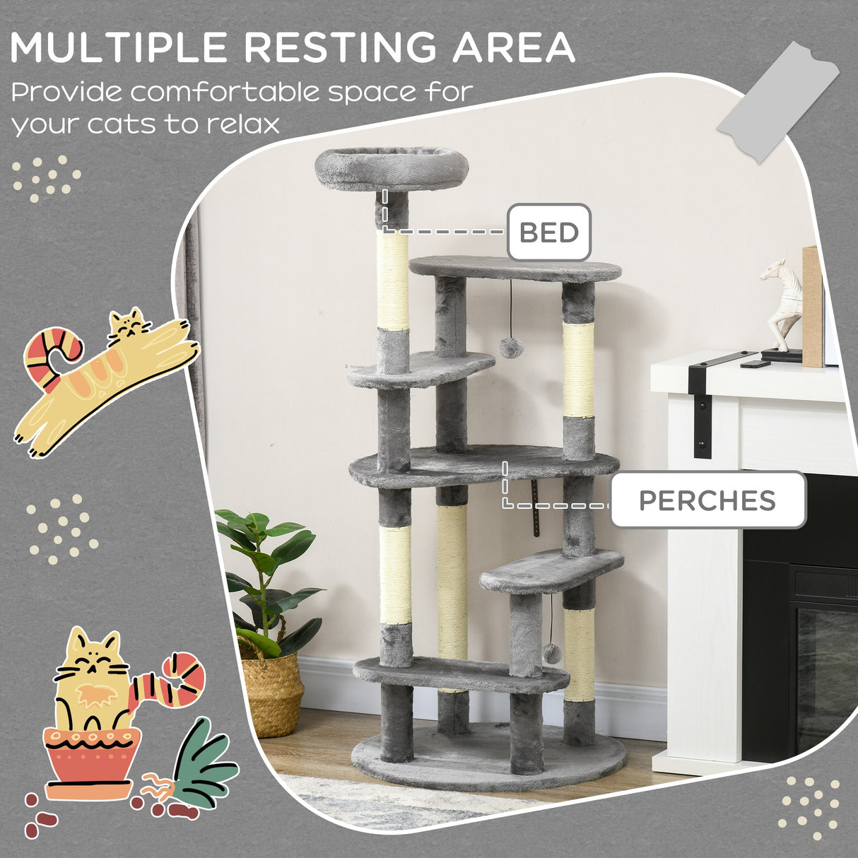 easycomfort easycomfort albero tiragraffi per gatti con pali in sisal lettino con cuscino e pallina 60x136cm grigio
