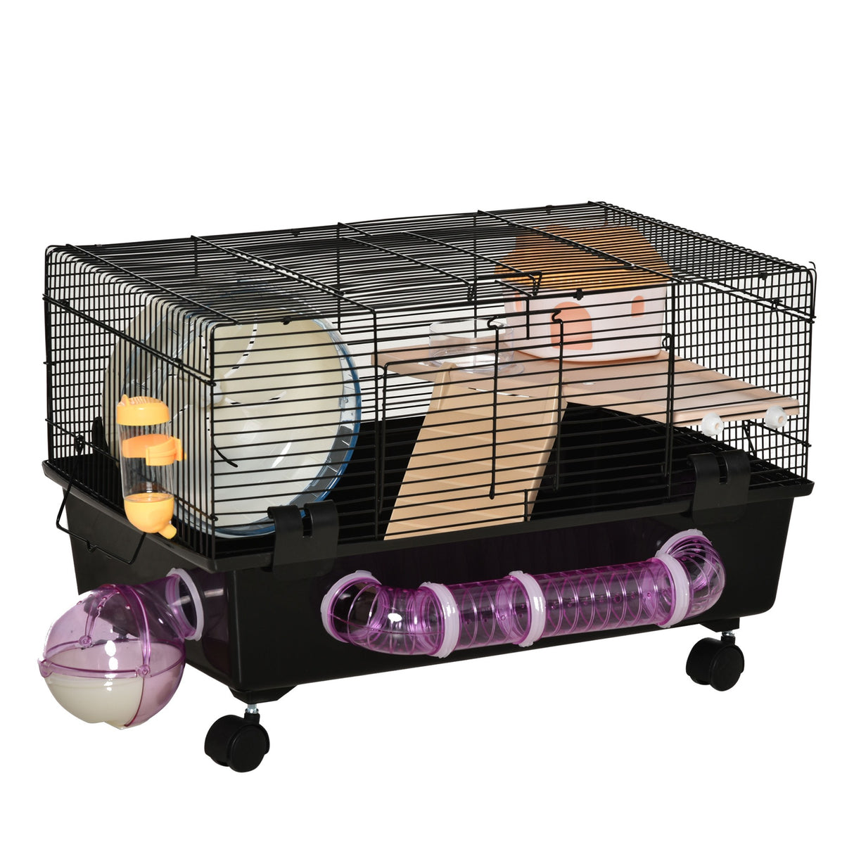 easycomfort easycomfort gabbia per criceti con casetta tunnel e ruota base con 4 rotelle 60x35x38 5cm nero e marrone