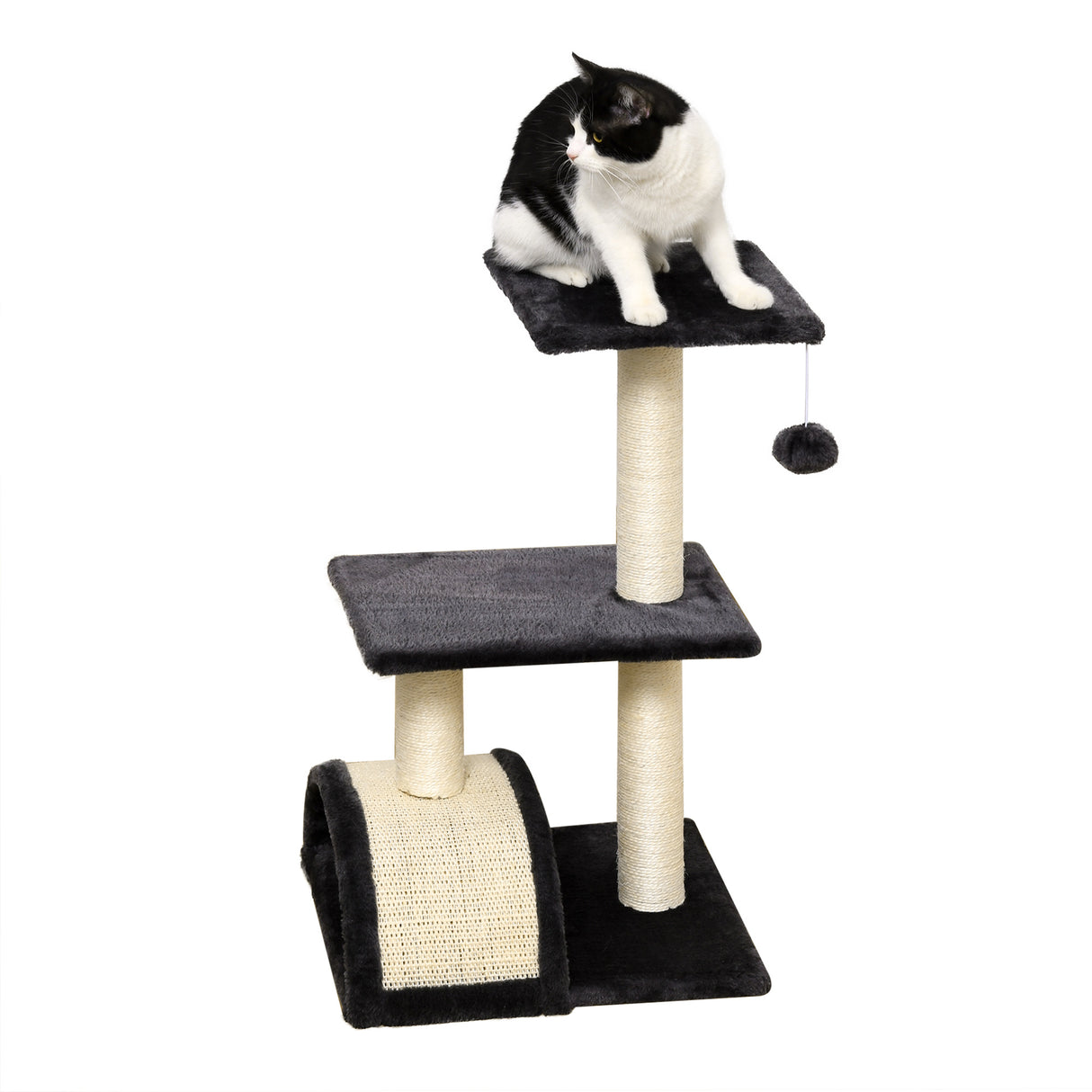 easycomfort easycomfort albero per gatti a 3 livelli con tappetino tiragraffi ad arco in legno peluche e sisal 40x35x72 cm grigio