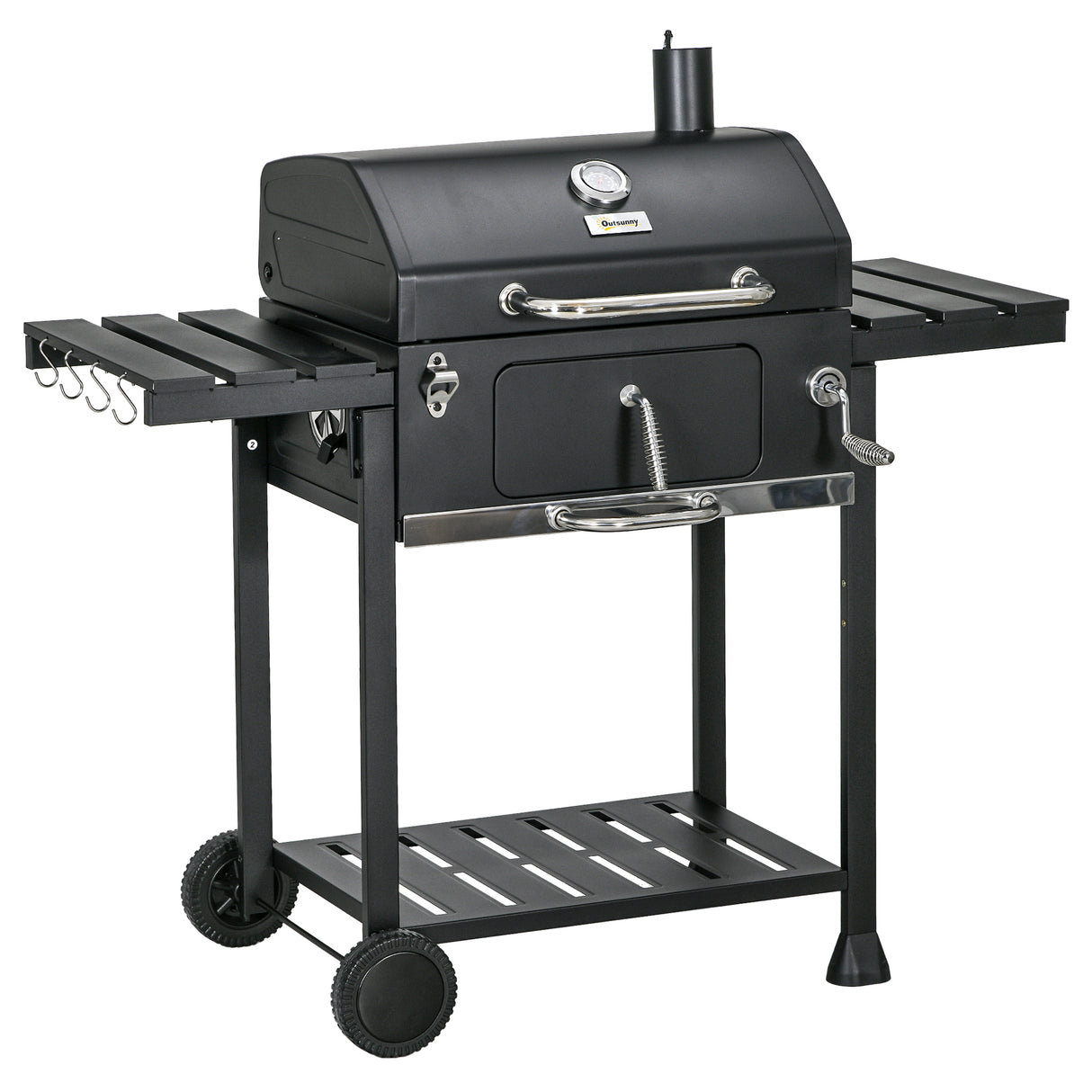 easycomfort easycomfort barbecue a carbone con coperchio con termometro griglia regolabile ruote e tavolini nero