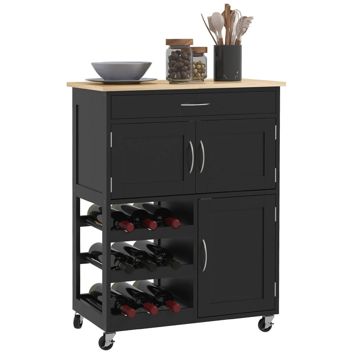 easycomfort easycomfort carrello da cucina in legno con portabottiglie 3 ante e cassetto 67x37x87 cm nero e rovere