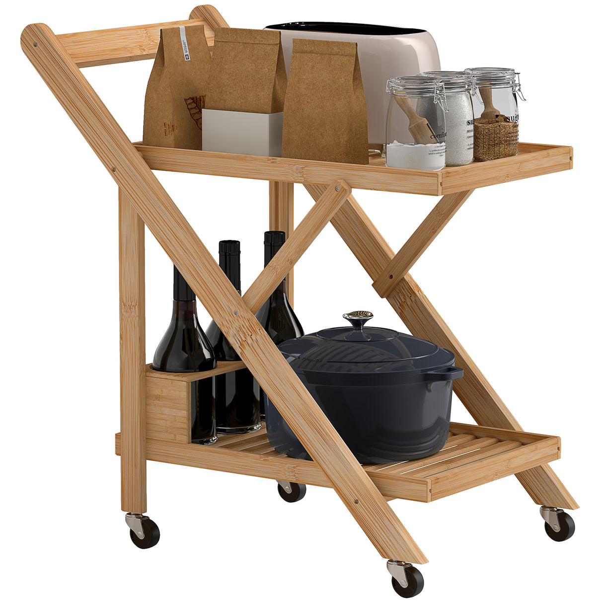 easycomfort easycomfort carrello da cucina portavivande pieghevole a 2 livelli con portabottiglie in legno di bambu