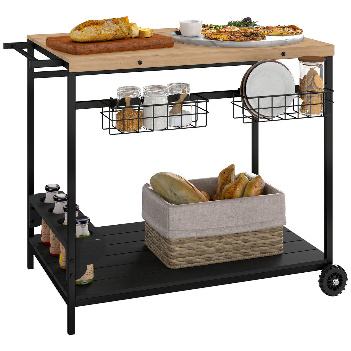 easycomfort easycomfort carrello da giardino a 2 ripiani 2 cesti e 4 spazi portabottiglie in legno di abete 97 5x65x81 cm