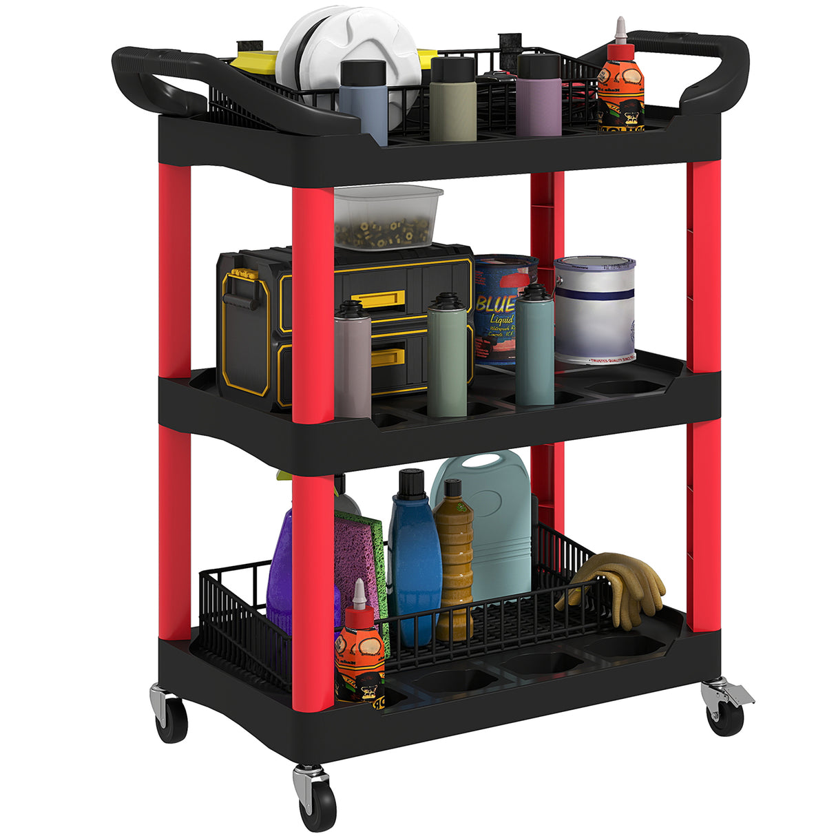 easycomfort easycomfort carrello porta attrezzi a 3 livelli in plastica con maniglie e ruote capacita 91 kg 83x43x97 cm rosso