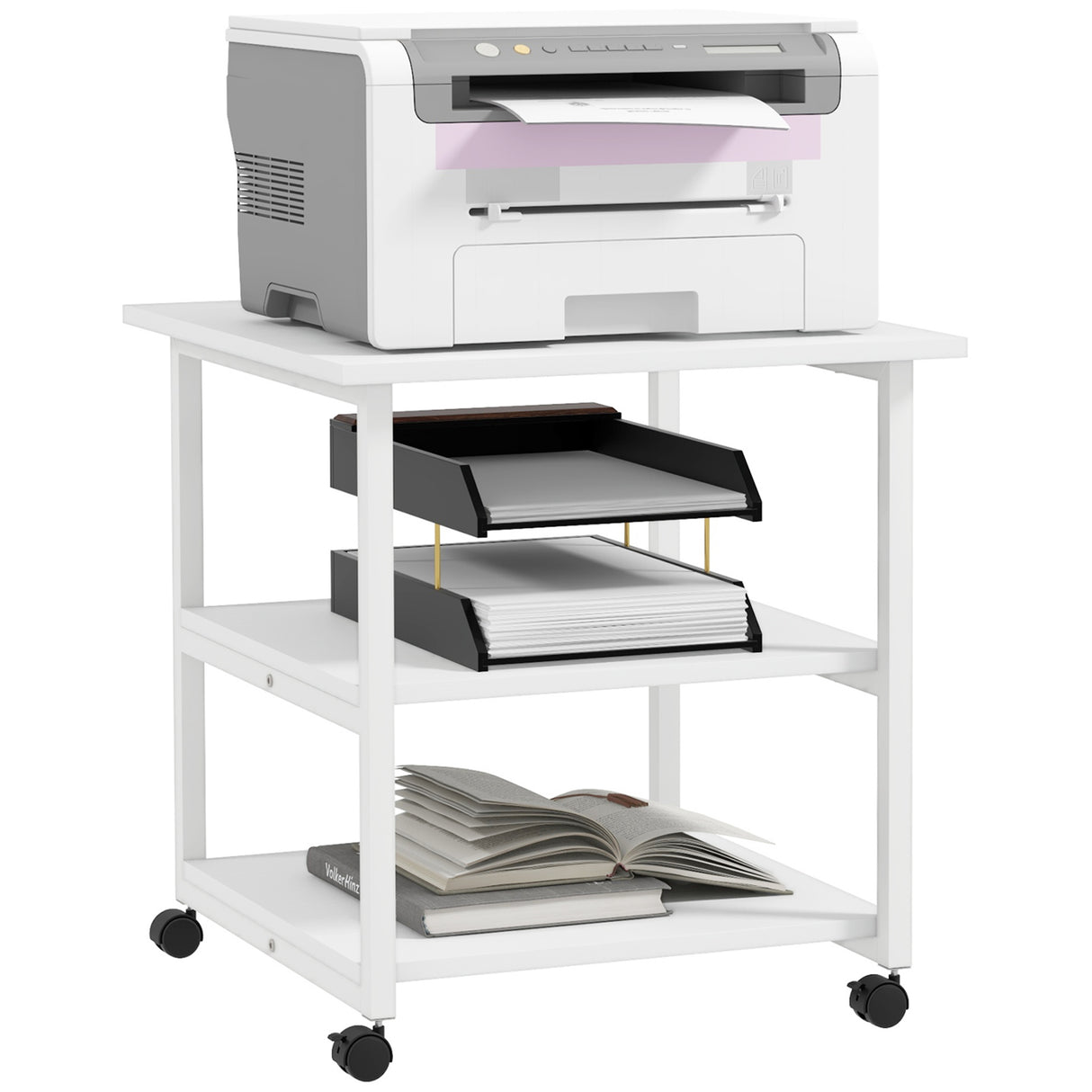 easycomfort easycomfort carrello porta stampante a 3 ripiani con 4 ruote legno e acciaio 50x50x52 5cm bianco