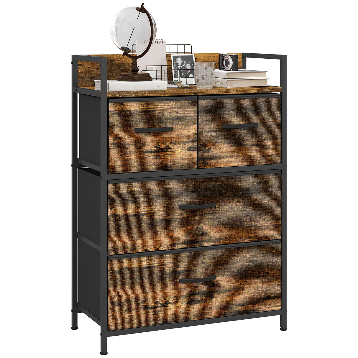 easycomfort easycomfort cassettiera 4 cassetti rimovibili dal design industriale in legno e acciaio 60x29x85 cm marrone e nero