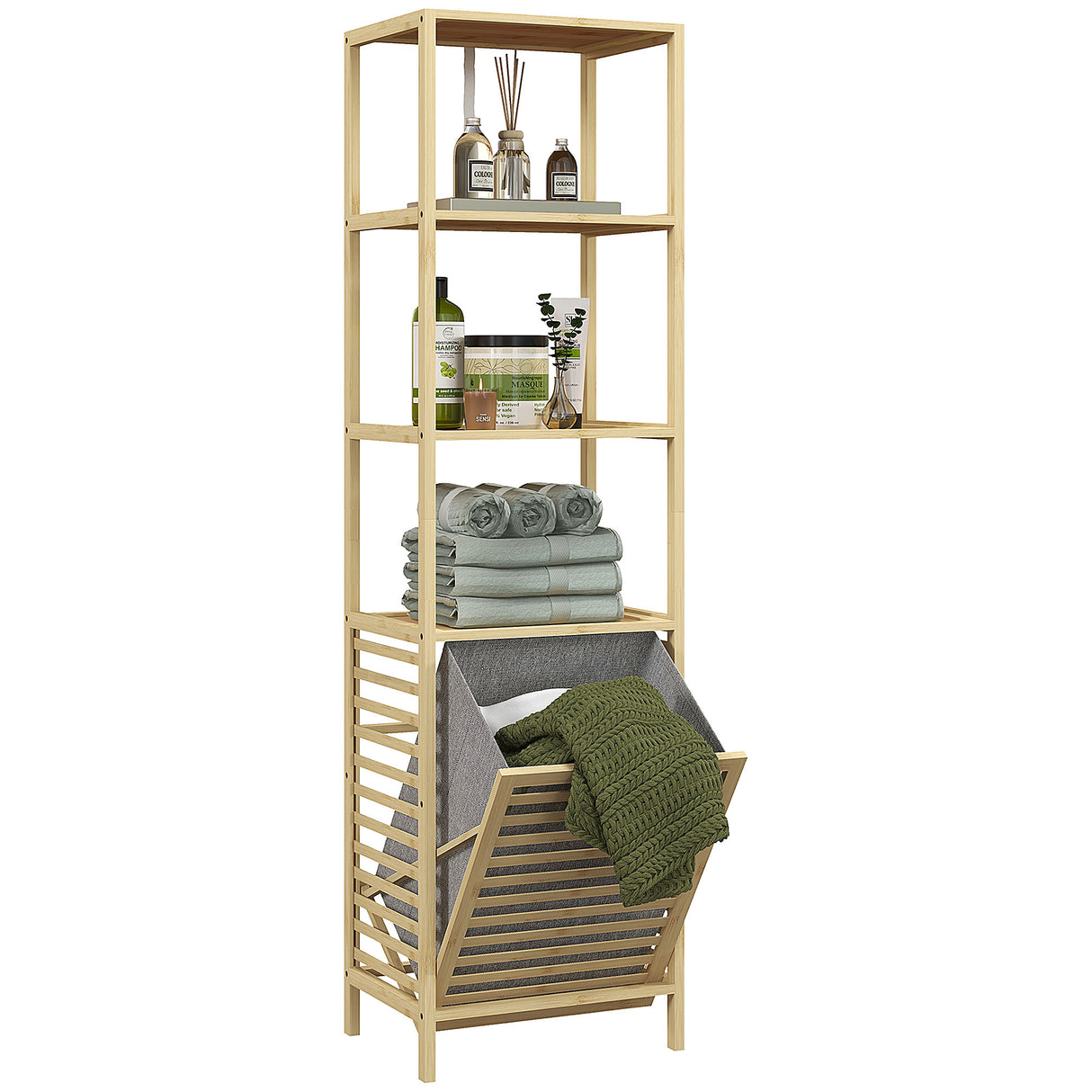 easycomfort easycomfort colonna bagno con 3 ripiani in legno di bambu e cesto portabiancheria in tessuto 44x33x160cm