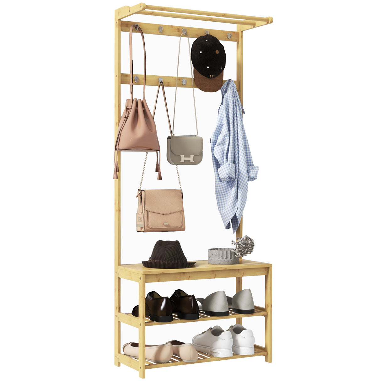 easycomfort easycomfort mobile appendiabiti 3 in 1 in bambu con 10 ganci 2 aste e panca scarpiera 70x31x170 cm marrone