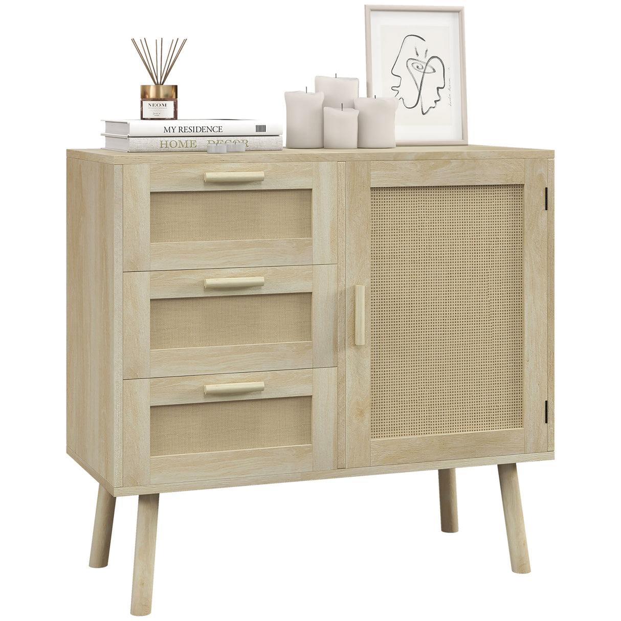 easycomfort easycomfort mobile multiuso stile boho con armadietto e 3 cassetti in legno e rattan 80x36x75cm rovere