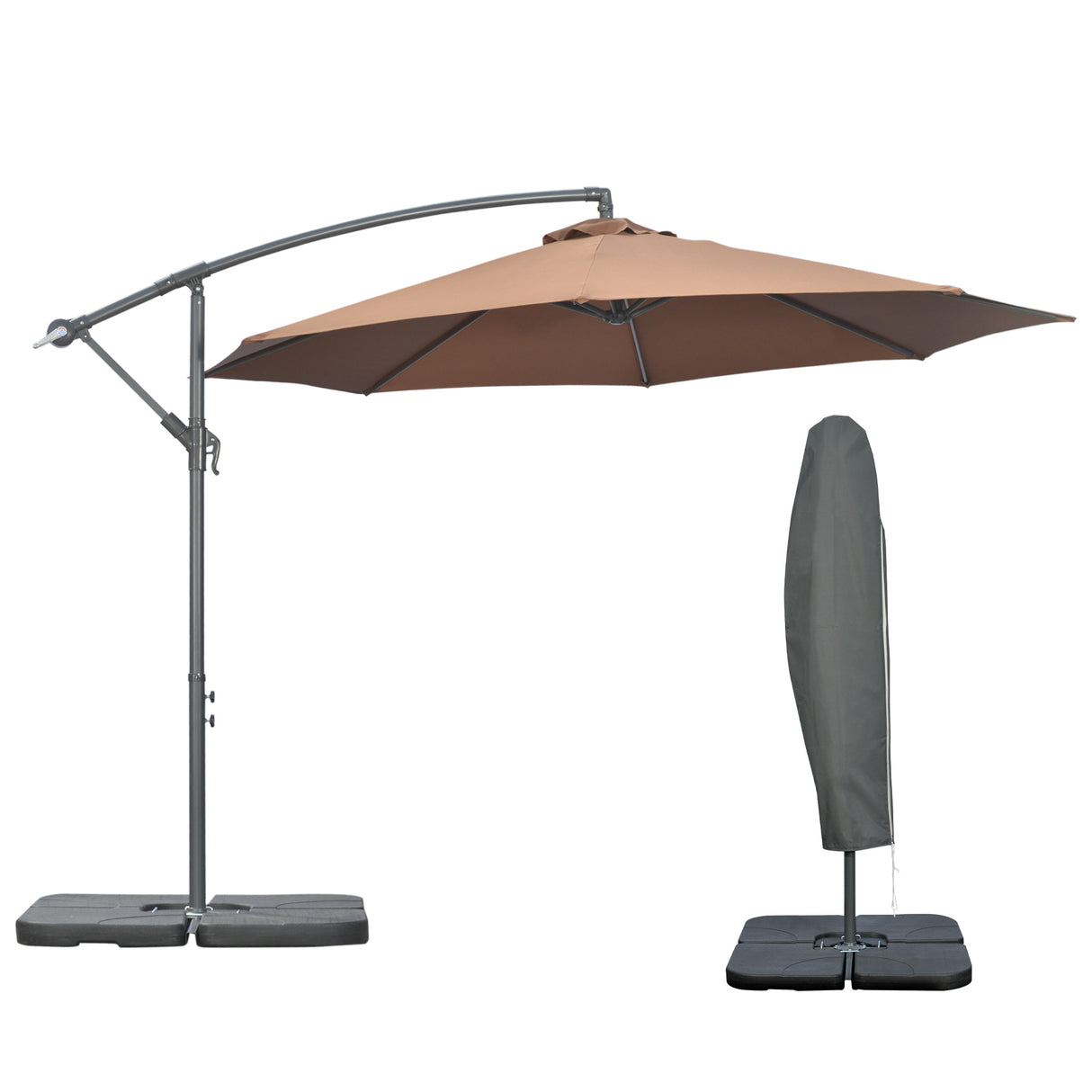 easycomfort easycomfort ombrellone decentrato a 6 stecche con manovella e base a croce in metallo e poliestere 292x247 cm caffe