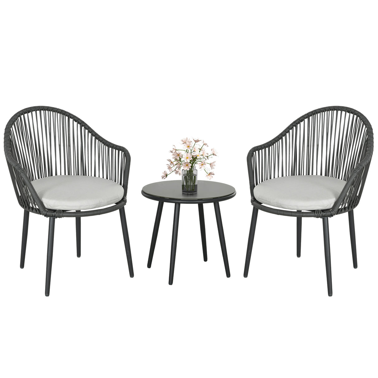 easycomfort easycomfort salotto da giardino in rattan con 2 poltroncine con cuscini e tavolino da caffe in vetro grigio