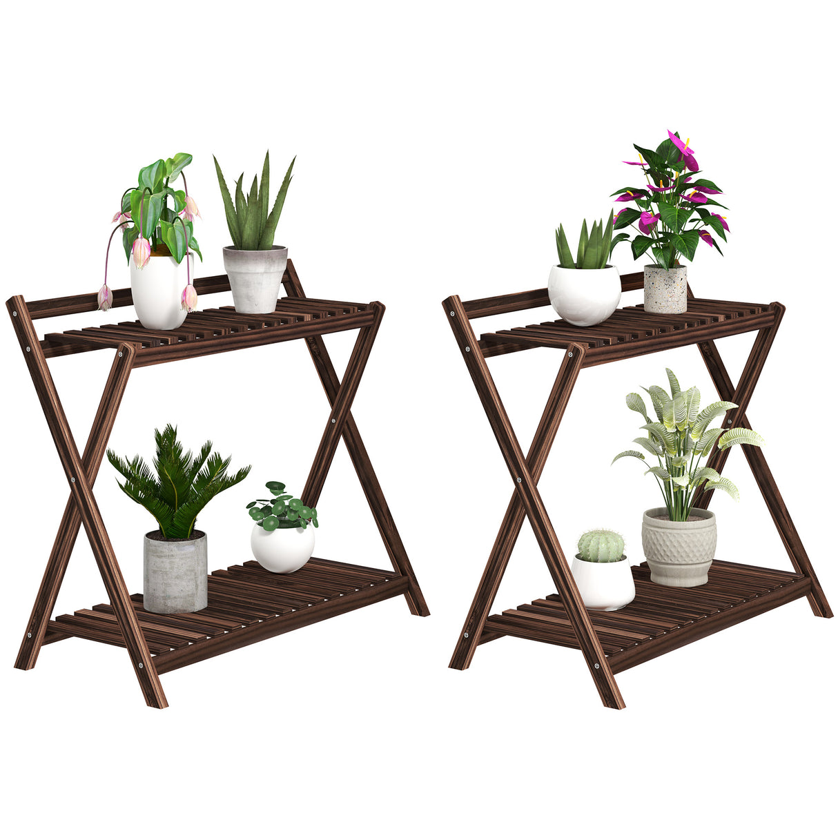 easycomfort easycomfort set 2 portapiante a 2 livelli con design a doghe in legno di abete 73x36x64 cm marrone bruciato