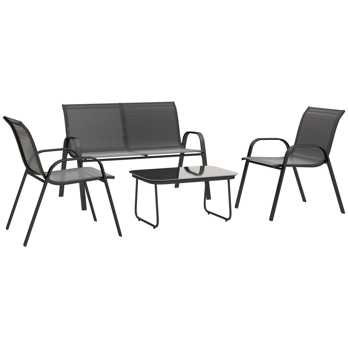 easycomfort easycomfort set da giardino con divano 2 posti 2 poltrone impilabili e tavolino in vetro nero