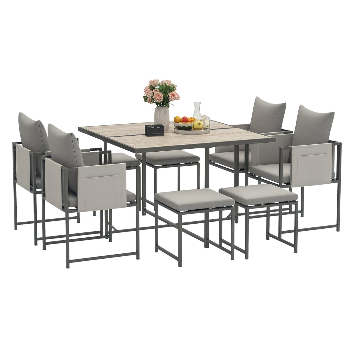 easycomfort easycomfort set mobili da giardino con tavolo da pranzo 4 sedie da esterno e 4 sgabelli poggiapiedi grigio