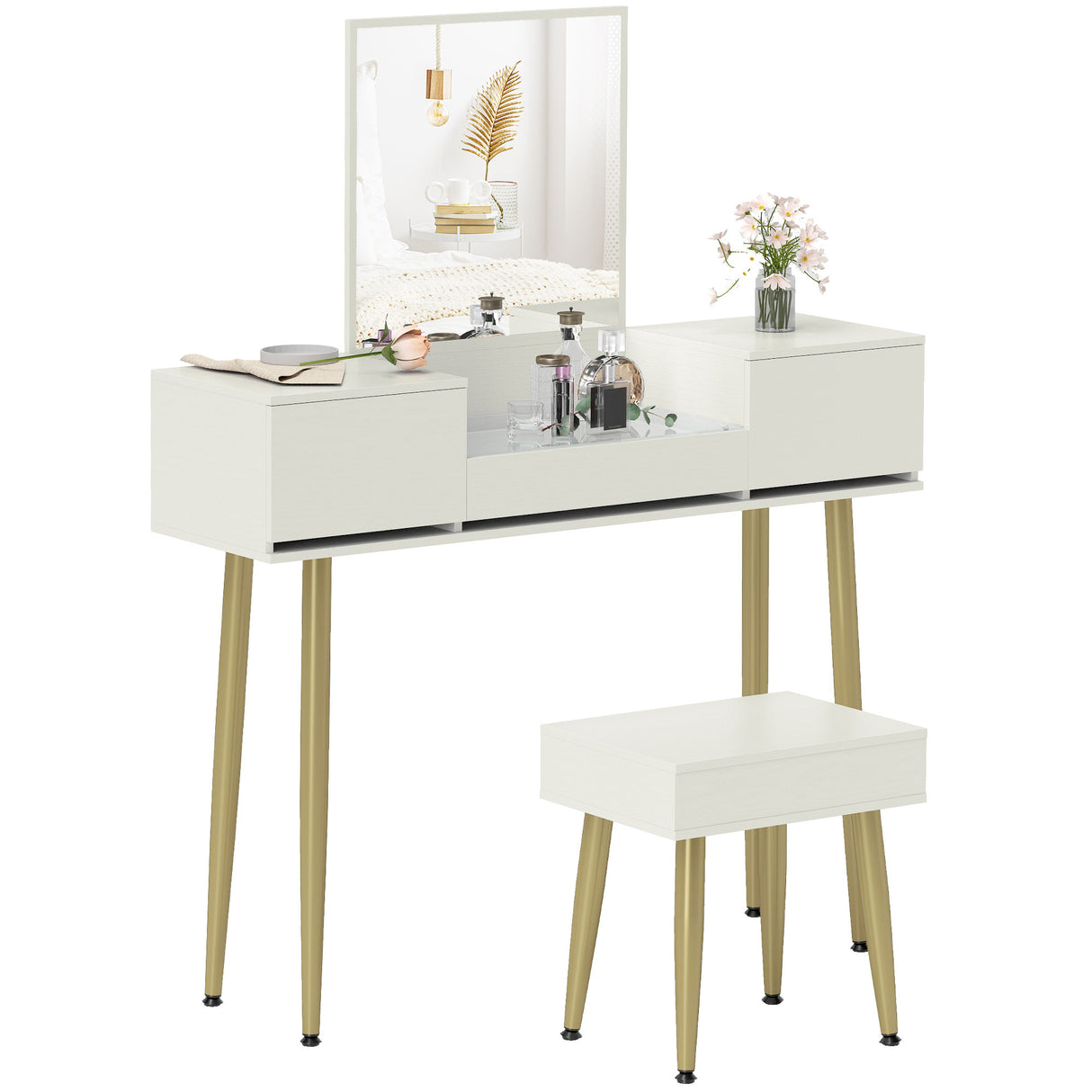 easycomfort easycomfort set tavolo da trucco con 3 cassetti e specchio con sgabello da trucco portaoggetti bianco