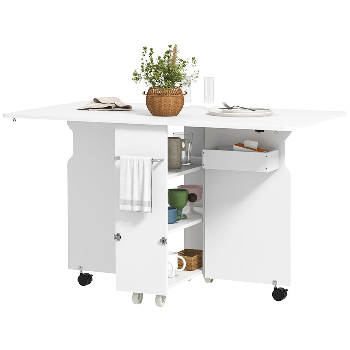 easycomfort easycomfort tavolo a ribalta pieghevole con ripiani a 3 livelli box e rotelle in mdf 130x80x76 5 cm bianco