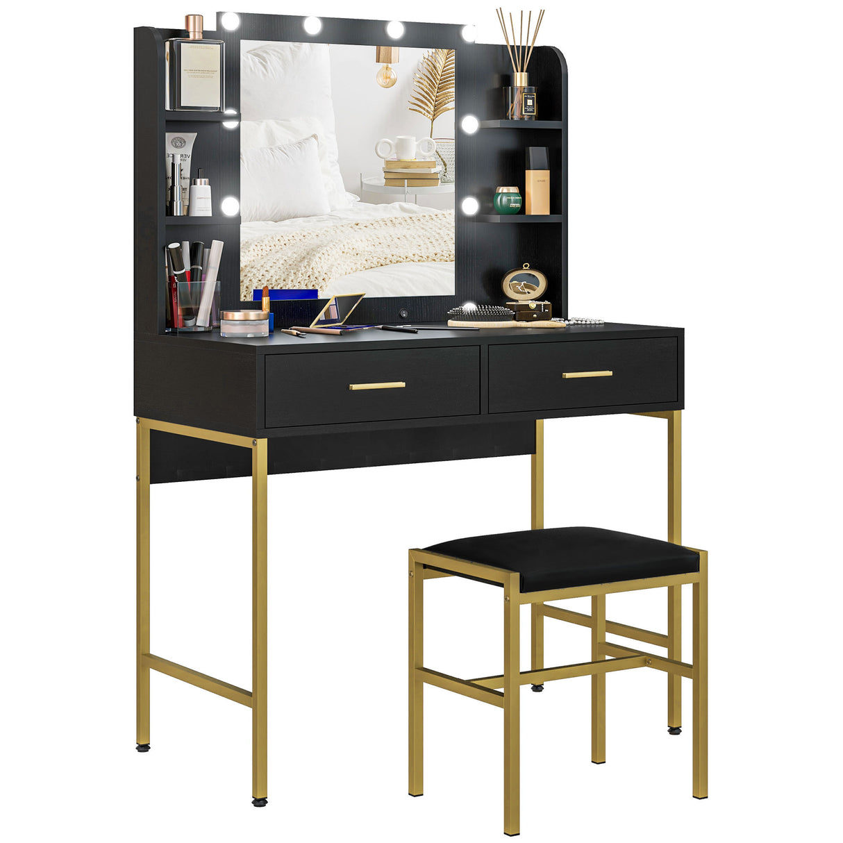 easycomfort easycomfort tavolo da trucco con 2 cassetti 6 ripiani specchio e sgabello in legno e acciaio 90x45x132 5 cm nero