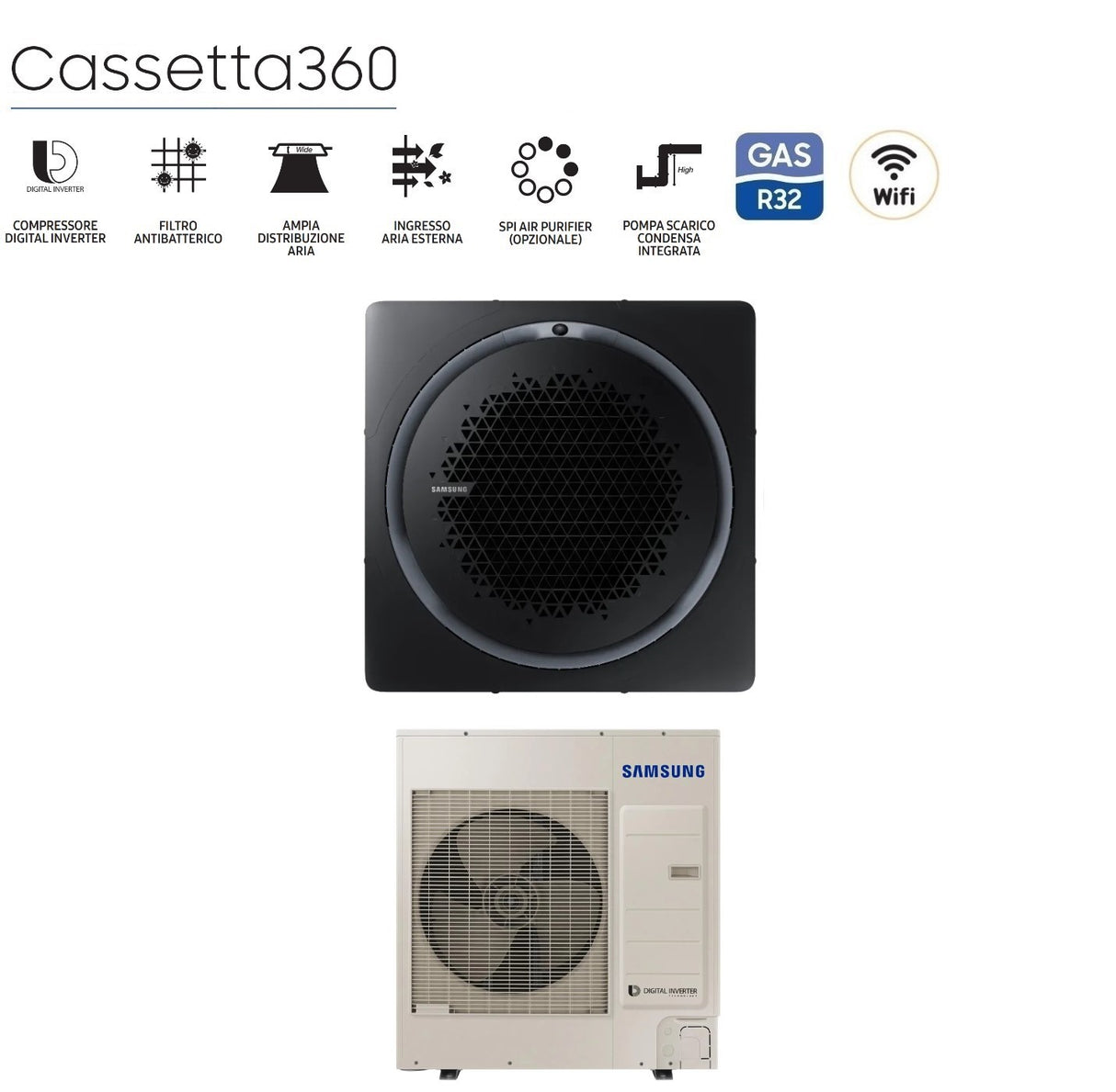 climatizzatore condizionatore samsung inverter cassetta 360 48000 btu ac140mn4pkh eu trifase r 410 wi fi optional con comando wireless incluso