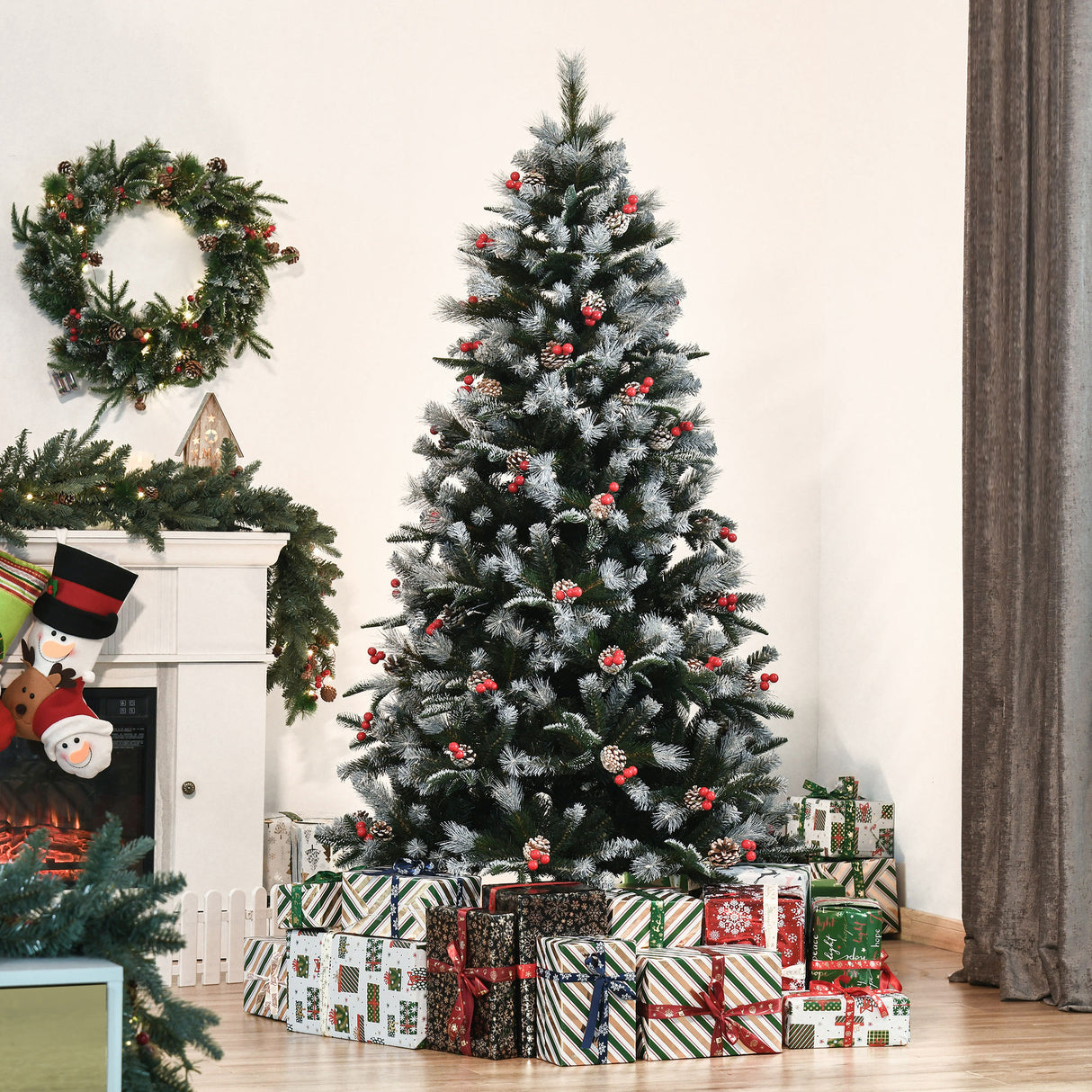easycomfort easycomfort albero di natale innevato 180cm con bacche rosse e pigne bianche base rimovibile pieghevole 678 rami verde