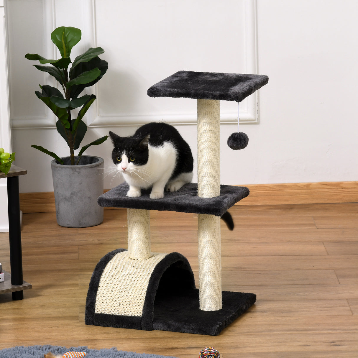 easycomfort easycomfort albero per gatti a 3 livelli con tappetino tiragraffi ad arco in legno peluche e sisal 40x35x72 cm grigio