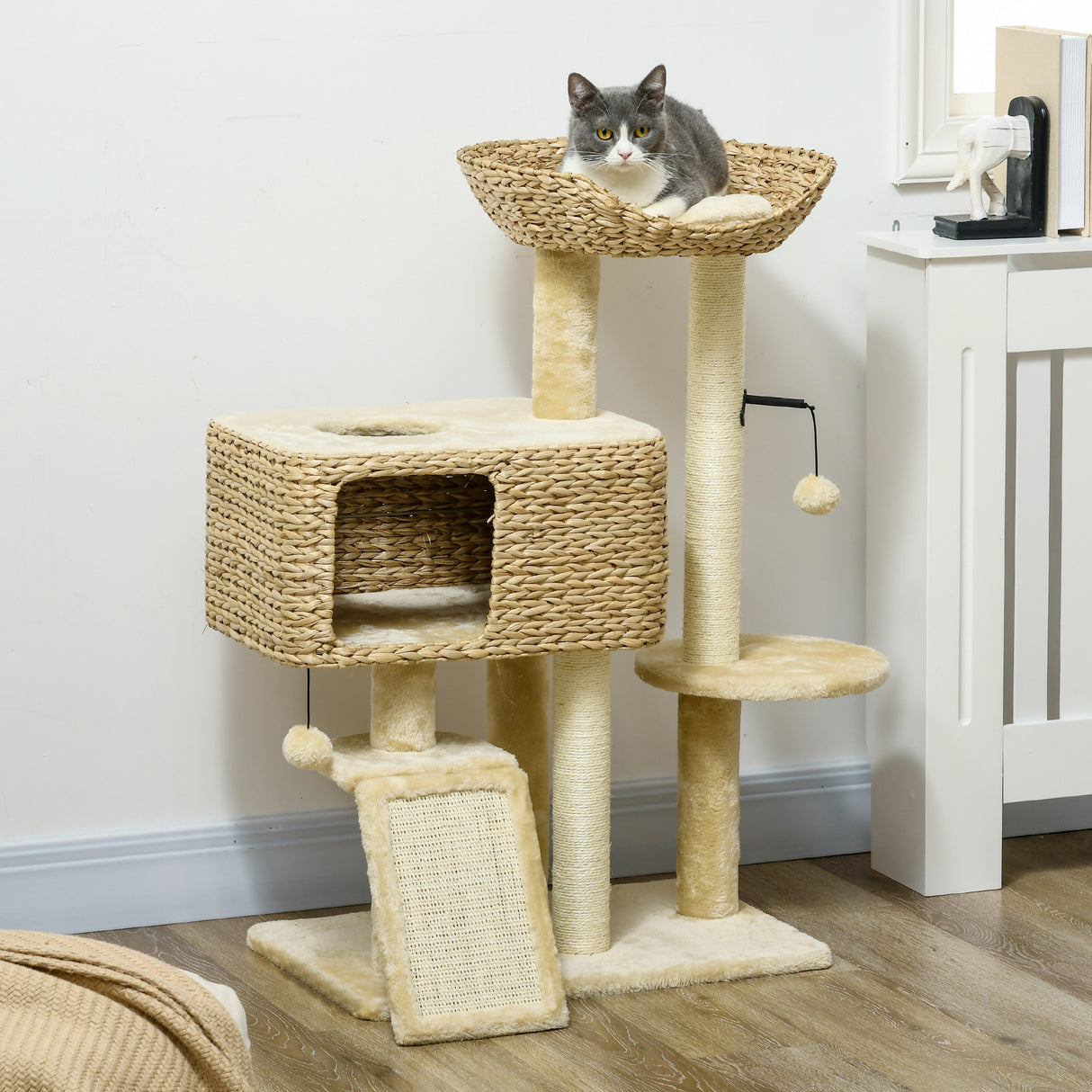 easycomfort easycomfort albero tiragraffi per gatti con casetta trespolo e pallina in legno e poliestere 60x40x98 cm marrone e beige