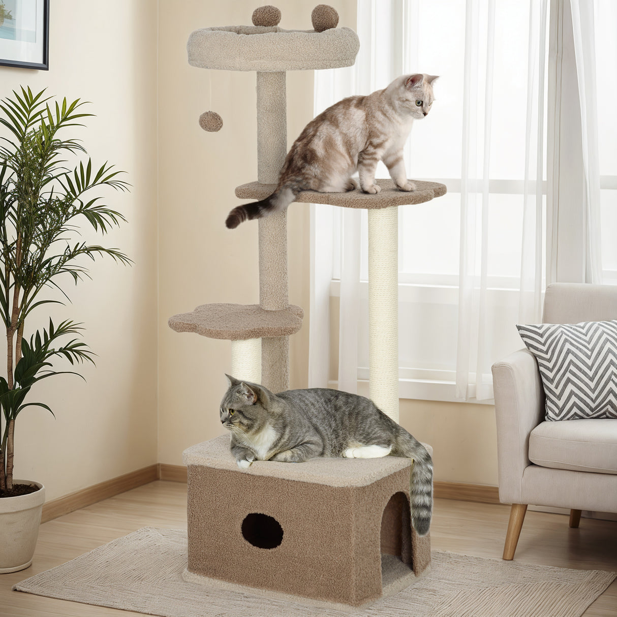 easycomfort easycomfort albero tiragraffi per gatti con lettino casetta e piattaforme in legno e cashmere 48x40x133 cm marrone
