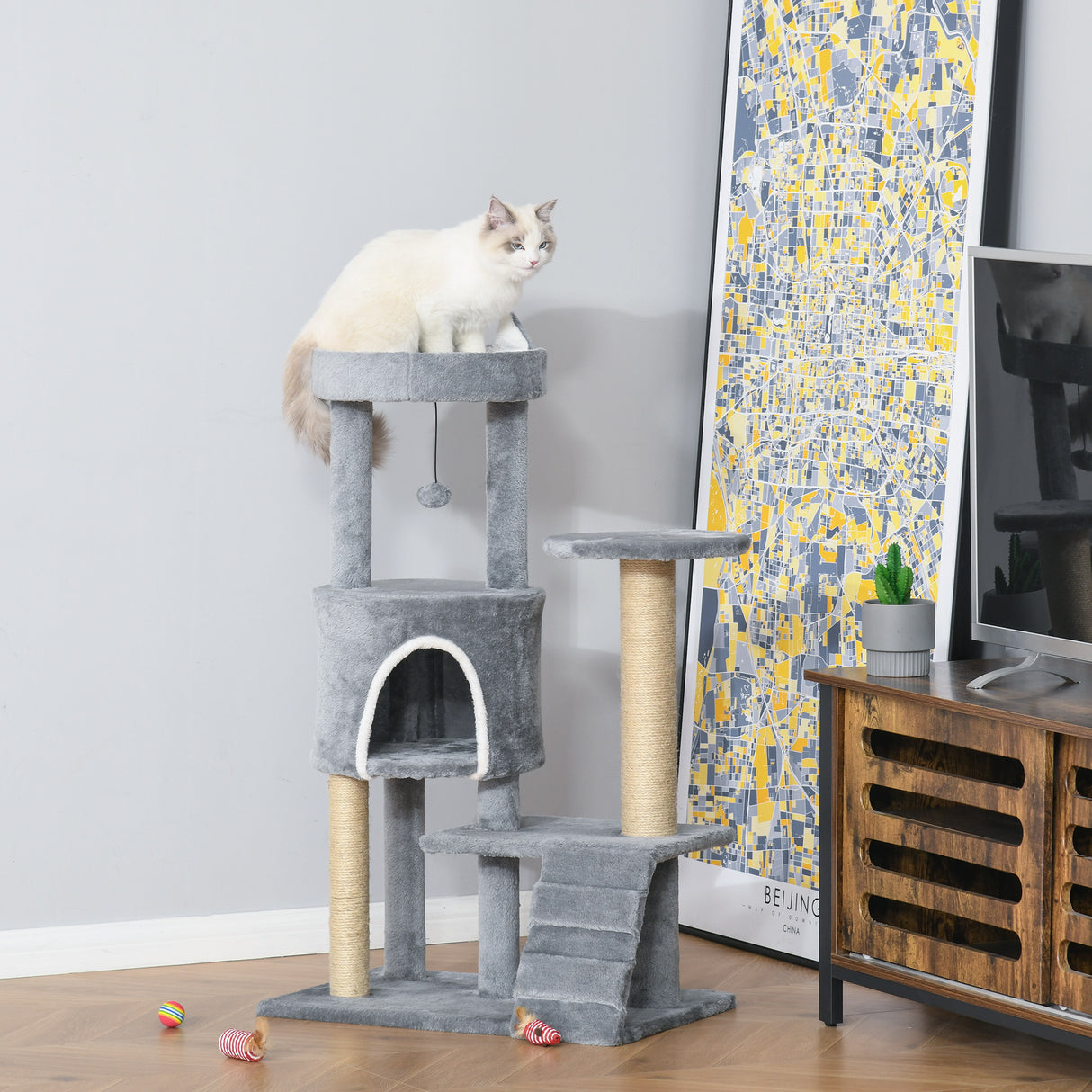 easycomfort easycomfort albero tiragraffi per gatti con trespolo casetta rampa e pallina in legno e peluche 60x40x100 cm grigio chiaro