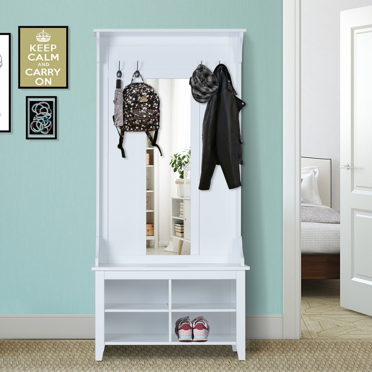 easycomfort easycomfort appendiabiti attaccapanni da terra con specchio scarpiera 4 ganci legno 80x40x170cm bianco ean 8054144139418