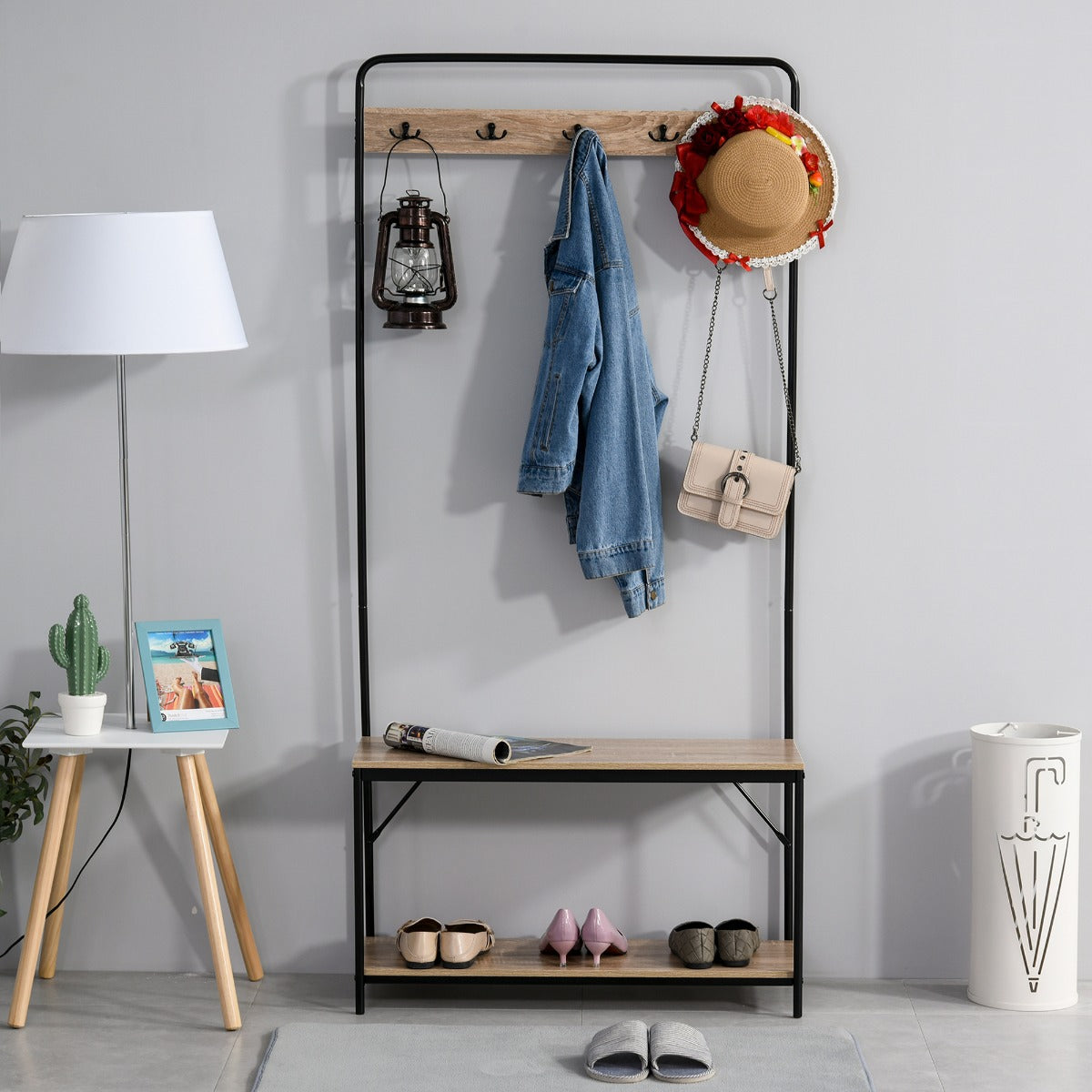 easycomfort easycomfort appendiabiti con panca e scarpiera in stile industriale mobile per ingresso vintage in legno e acciaio nero ean 8054111842228