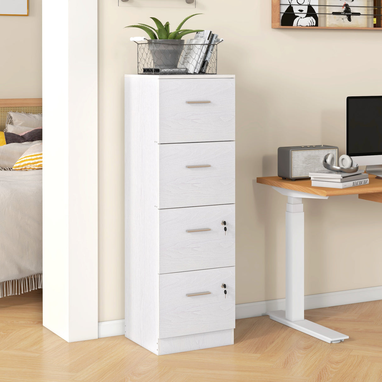 easycomfort easycomfort armadio per ufficio a 4 cassetti con 2 serrature e barra portadocumenti in legno 40x42x130 8 cm bianco