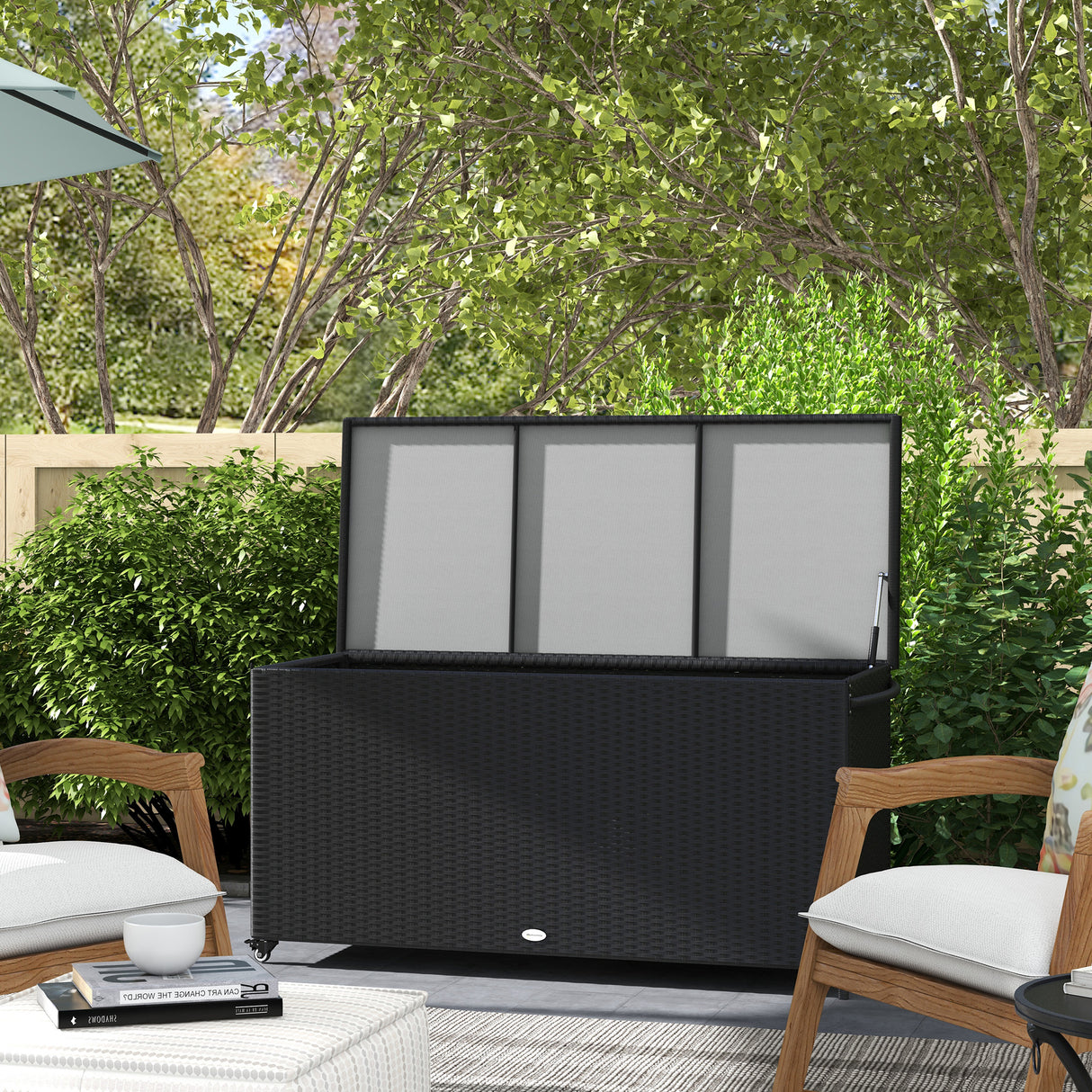 easycomfort easycomfort baule da giardino in rattan pe con ruote e maniglia laterale 121x57x67cm nero