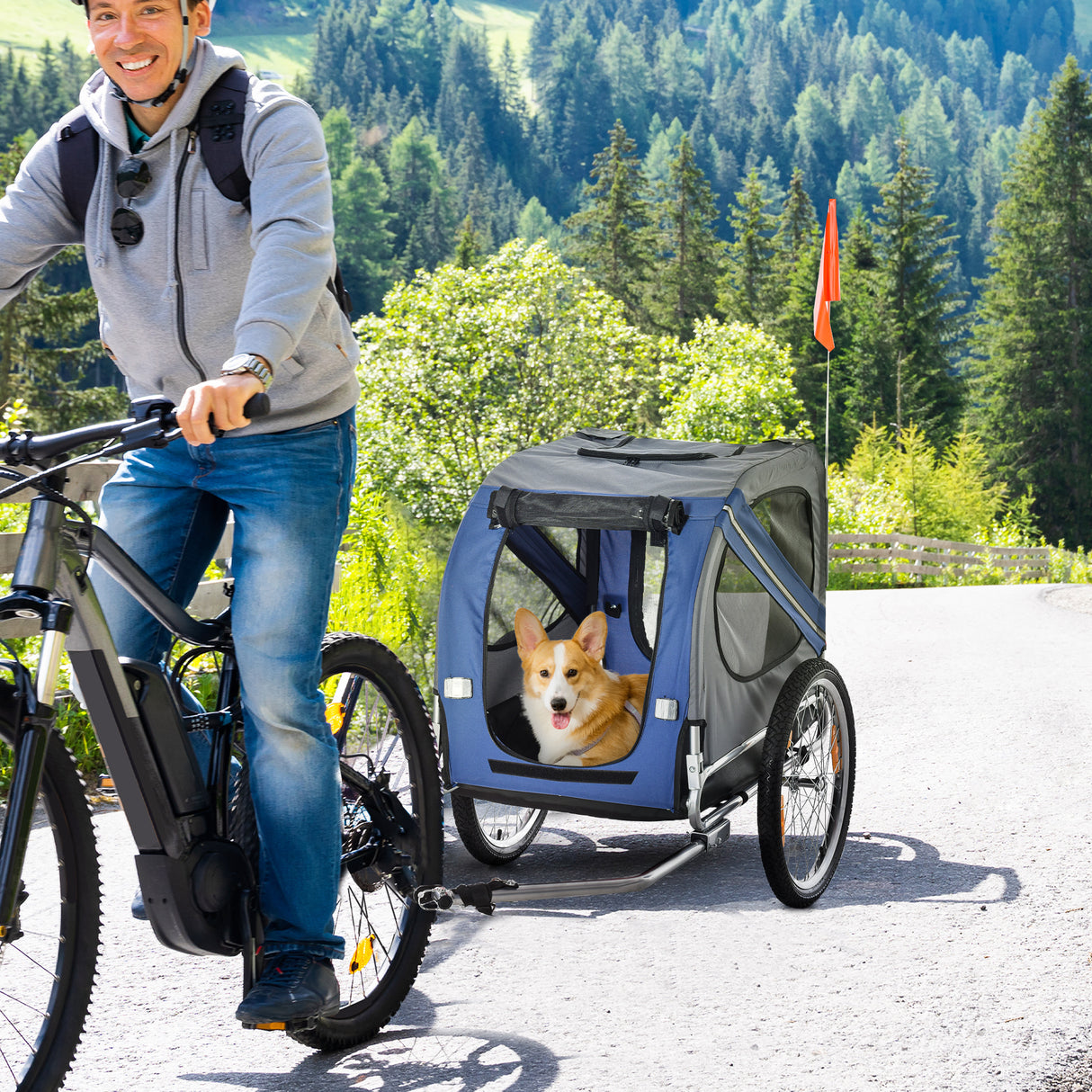 easycomfort easycomfort carrello per cani con reti protettive bandierine e catarifrangenti 130x73x94 cm blu e grigio