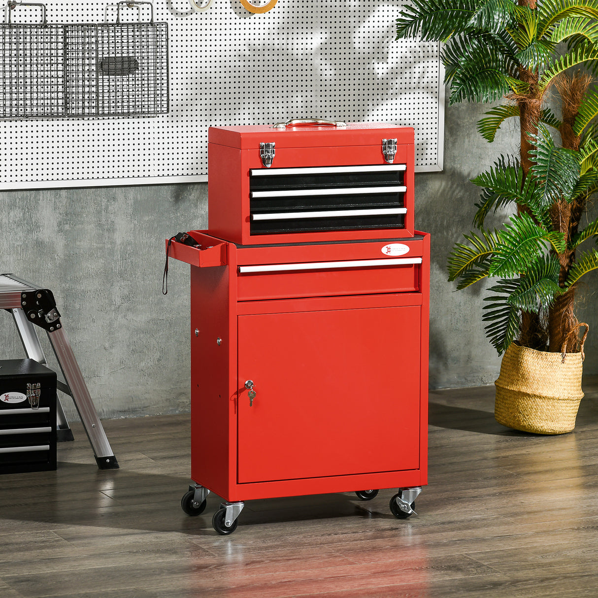 easycomfort easycomfort carrello porta attrezzi 2 in 1 con cassetta rimovibile e armadietto con chiave in acciaio rosso