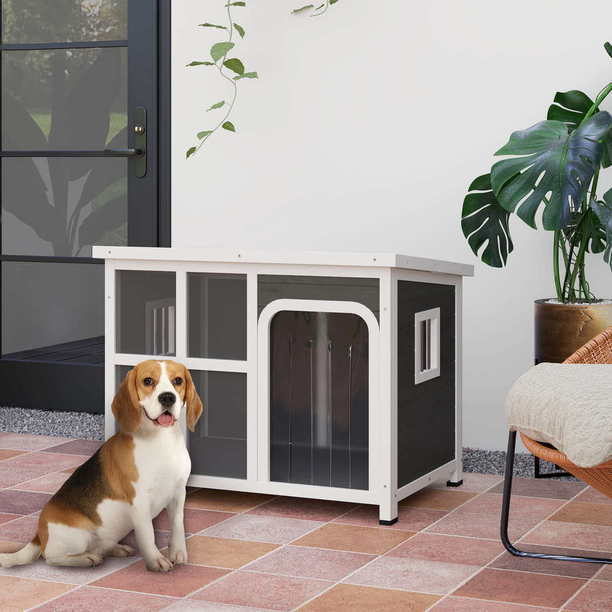 easycomfort easycomfort casetta per cani con finestrelle e ingresso a tenda in legno di abete 90x62x71 cm grigio chiaro