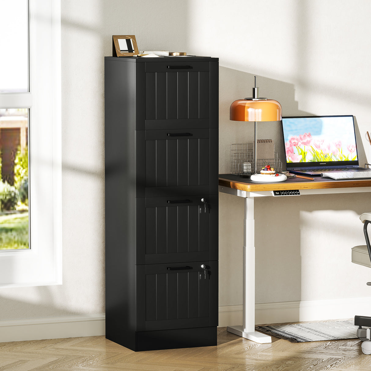 easycomfort easycomfort cassettiera portadocumenti a 4 cassetti con binario regolabile e 2 serrature in legno 40x40x131 cm nero