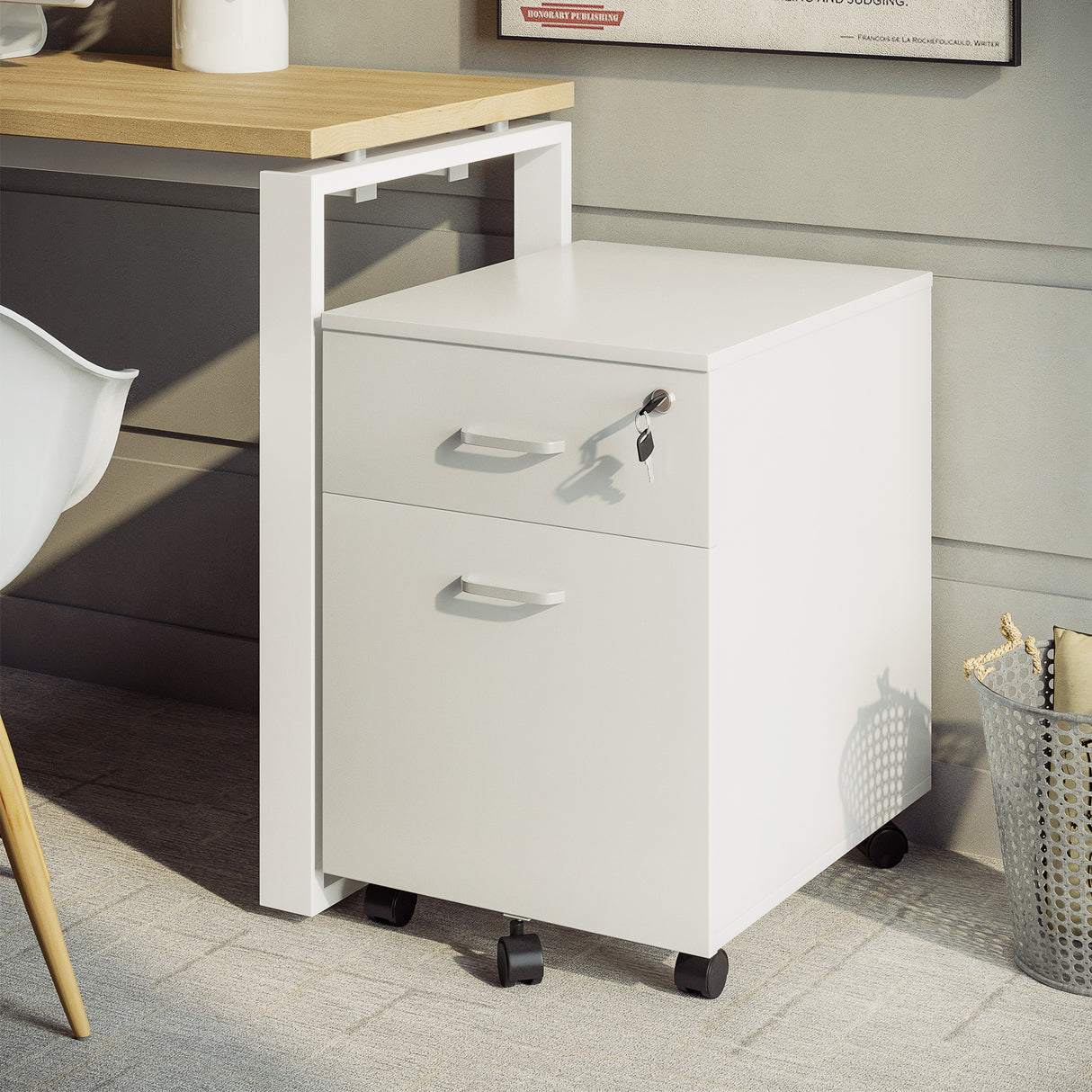 easycomfort easycomfort cassettiera ufficio a 2 cassetti con serratura e 5 ruote in truciolato 40x49x58 cm bianco