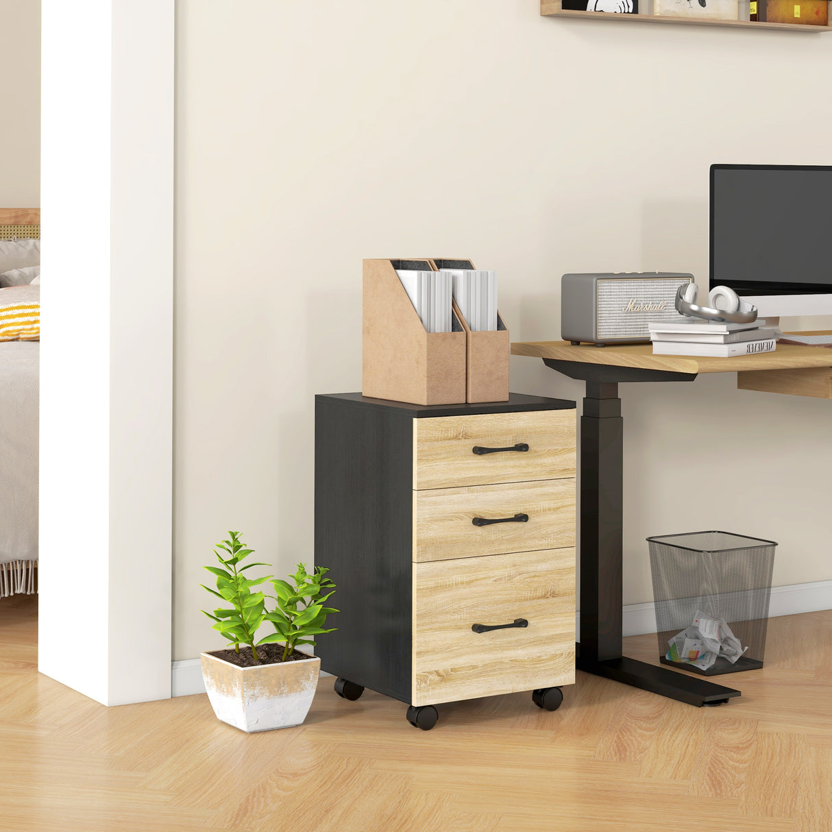 easycomfort easycomfort cassettiera ufficio con 3 cassetti e ruote portadocumenti con barre regolabili rovere e nero