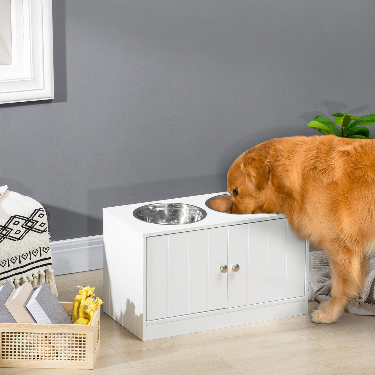 easycomfort easycomfort ciotole per cani rialzate con armadietto da 44l e 2 ciotole in acciaio 60x30x35 5cm bianco